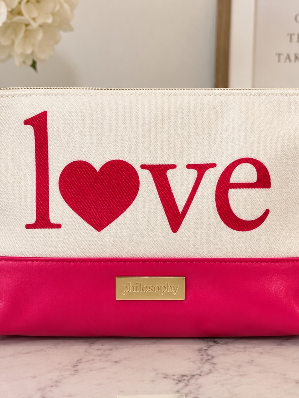 Philosophy LOVE Cosmetic Bag Makeup Pouch Ivory Pink Red Zip